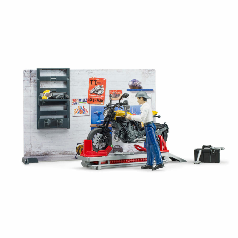Bruder bworld Motorradwerkstatt, 8-tlg., mit Scrambler Ducati Full Throttle, Werkstatt, Hebebühne, Spiel Figur, Zubehör, 62102