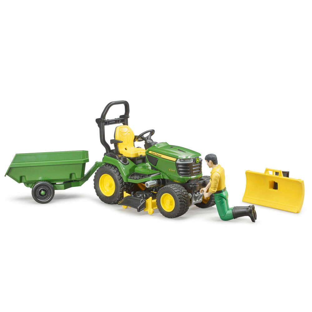 Bruder bworld John Deere ride-on lawn mower with trailer and gardener, with toy figure, lawn tractor, toy figure, accessories, 62104