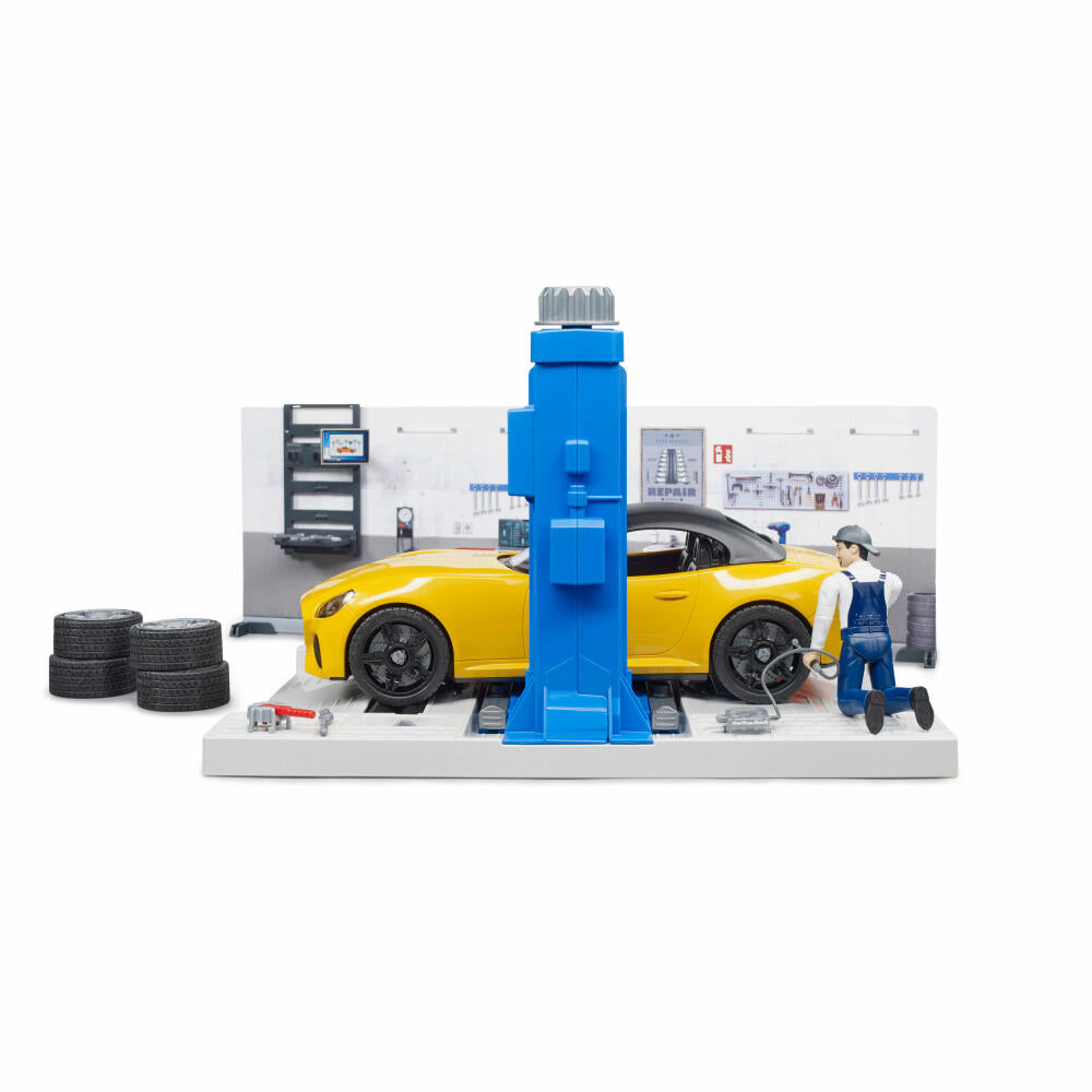 Bruder bworld Car Workshop, 10 pcs., Roadster, Mechanic, Model Car, Game Figure, Accessories, 62110