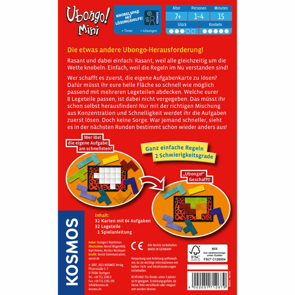 KOSMOS Ubongo! Mini, Bring Along Game, Board Game, Logic Game, Family Game, Board Game, 712679