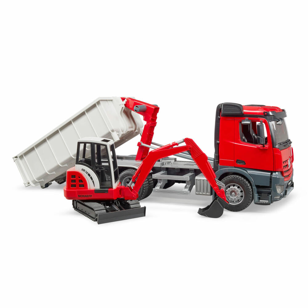 Bruder Construction Vehicles Mercedes Benz Arocs Truck, with Schaeff HR16 Mini Excavator, Roll-off Container, Excavator, Model Vehicle, Model Vehicle, Toy, 03624