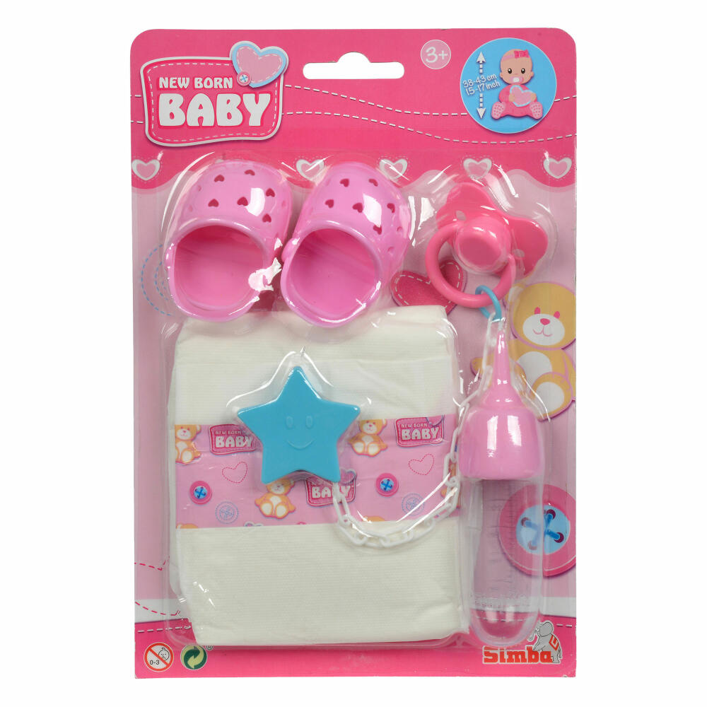 Simba New Born Baby on Tour Set, Baby Doll Accessories, Bottle, Drinking Bottle, Pacifier, Sandals, Diapers, 105560004