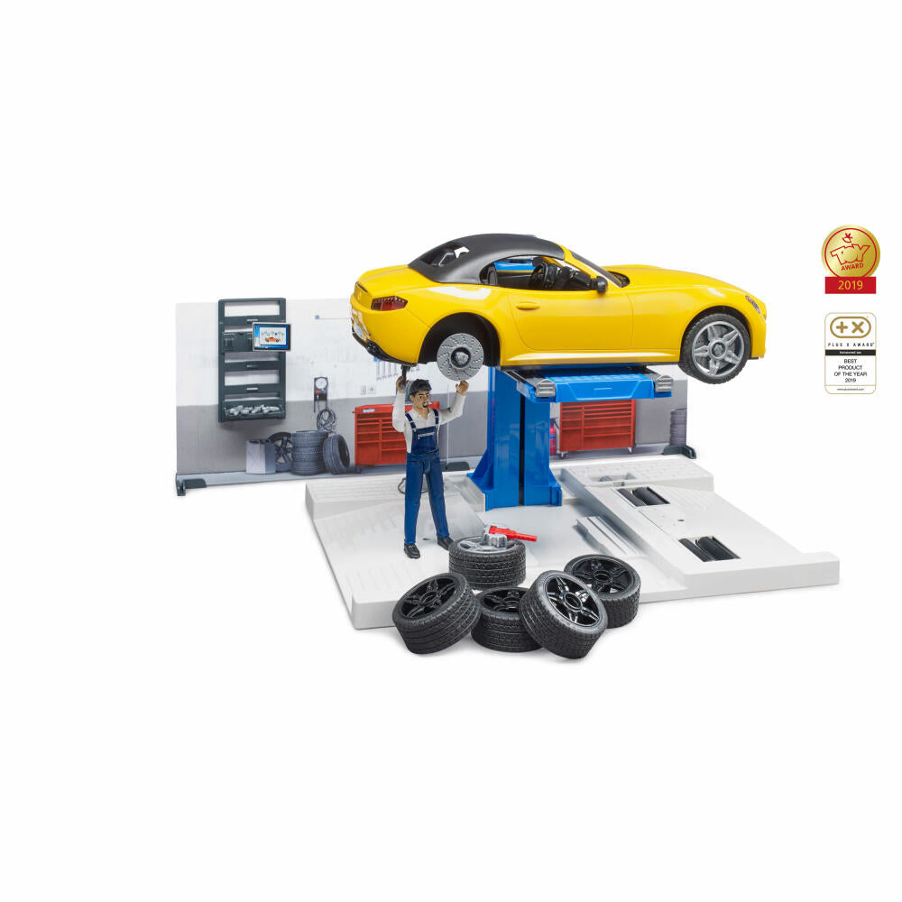 Bruder bworld Car Workshop, 10 pcs., Roadster, Mechanic, Model Car, Game Figure, Accessories, 62110