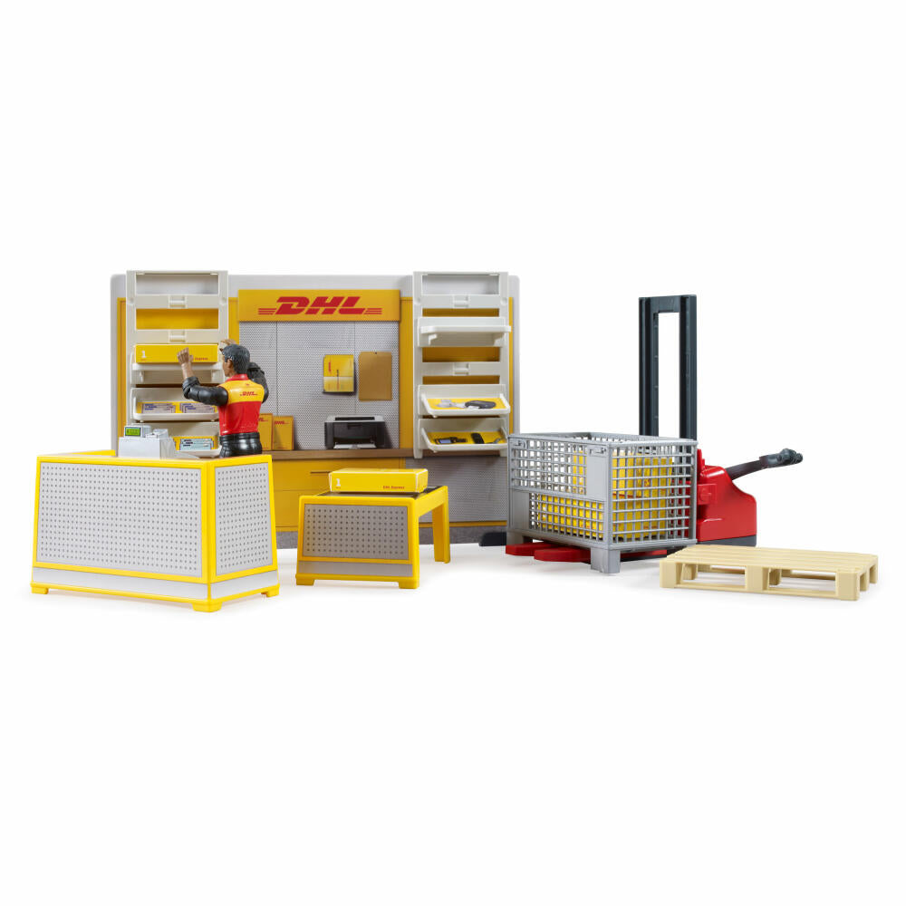 Bruder bworld DHL Shop mit Handhubstapler, Paketshop, Spielzeug, Spielwelt, 62251