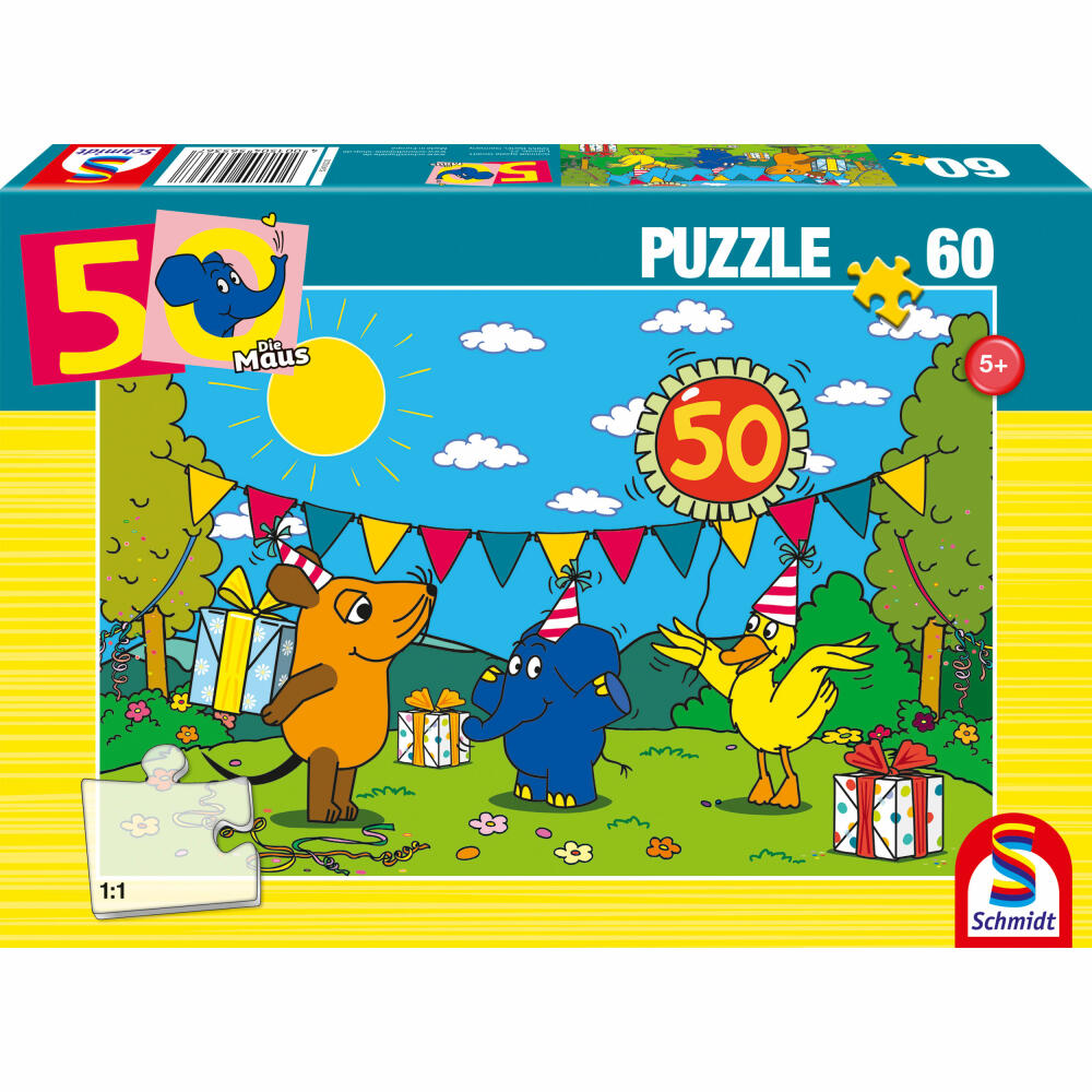 Schmidt Spiele Puzzle Die Maus Alles Liebe zum Geburtstag, 50. Geburtstag Elefant, Kinderpuzzle, Kinder, 60 Teile, 56536
