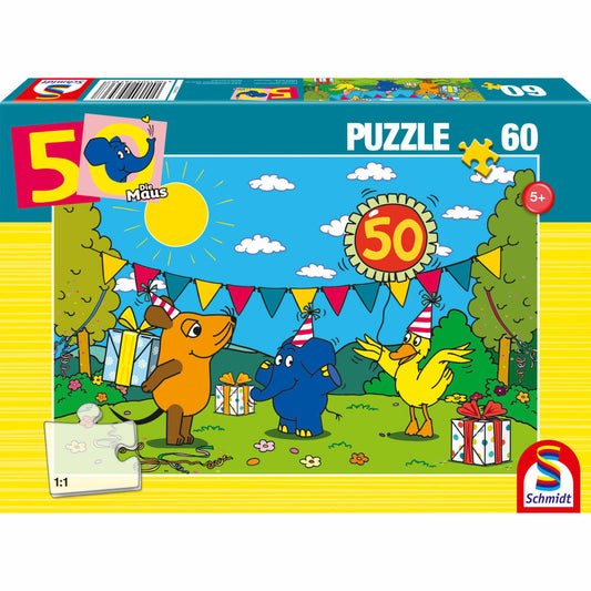 Schmidt Spiele Puzzle Die Maus Alles Liebe zum Geburtstag, 50. Geburtstag Elefant, Kinderpuzzle, Kinder, 60 Teile, 56536