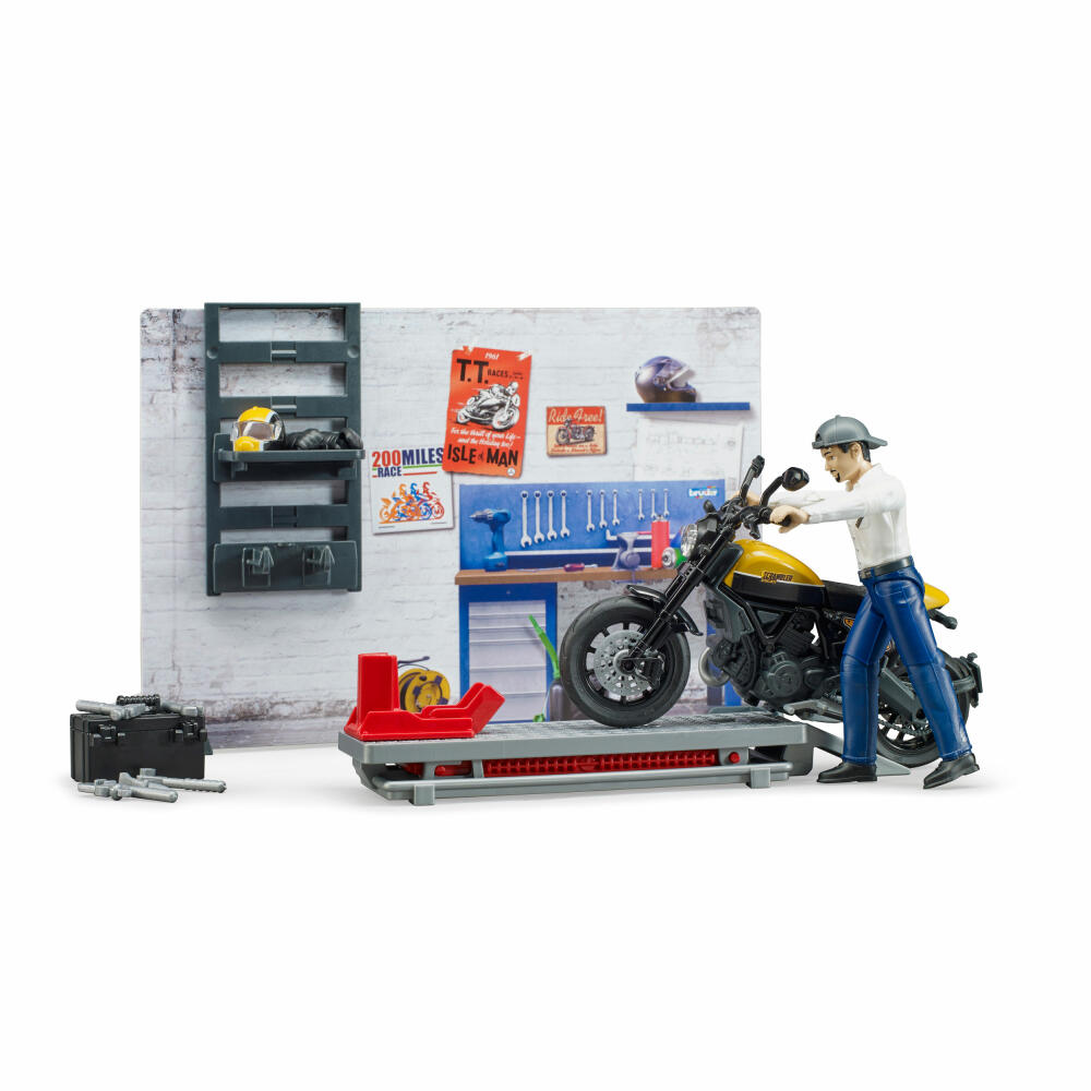 Bruder bworld Motorradwerkstatt, 8-tlg., mit Scrambler Ducati Full Throttle, Werkstatt, Hebebühne, Spiel Figur, Zubehör, 62102