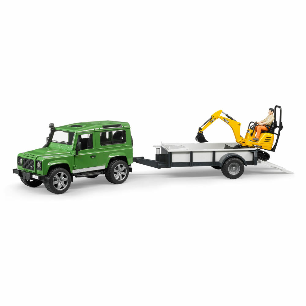 Bruder Baufahrzeuge Land Rover Defender Station Wagon, mit Anhänger, JCBMikrobagger 8010 CTS, Bauarbeiter, Bagger, Modellfahrzeug, Modell Fahrzeug, Spielzeug, 02593