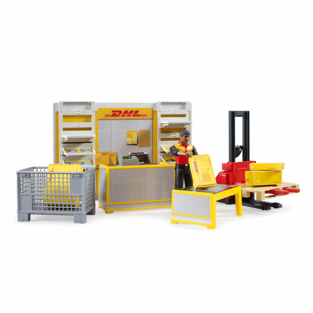 Bruder bworld DHL Shop mit Handhubstapler, Paketshop, Spielzeug, Spielwelt, 62251