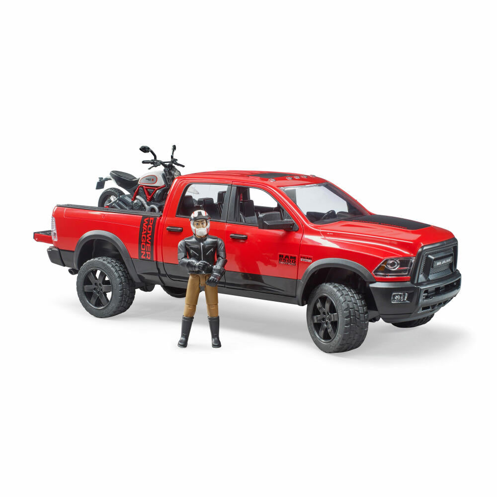 Bruder Leisure RAM 2500 Power Wagon, with Scrambler Ducati Desert Sled and Driver, Pick Up Truck, Motirrad, Model Vehicle, Model Vehicle, Toy, 02502