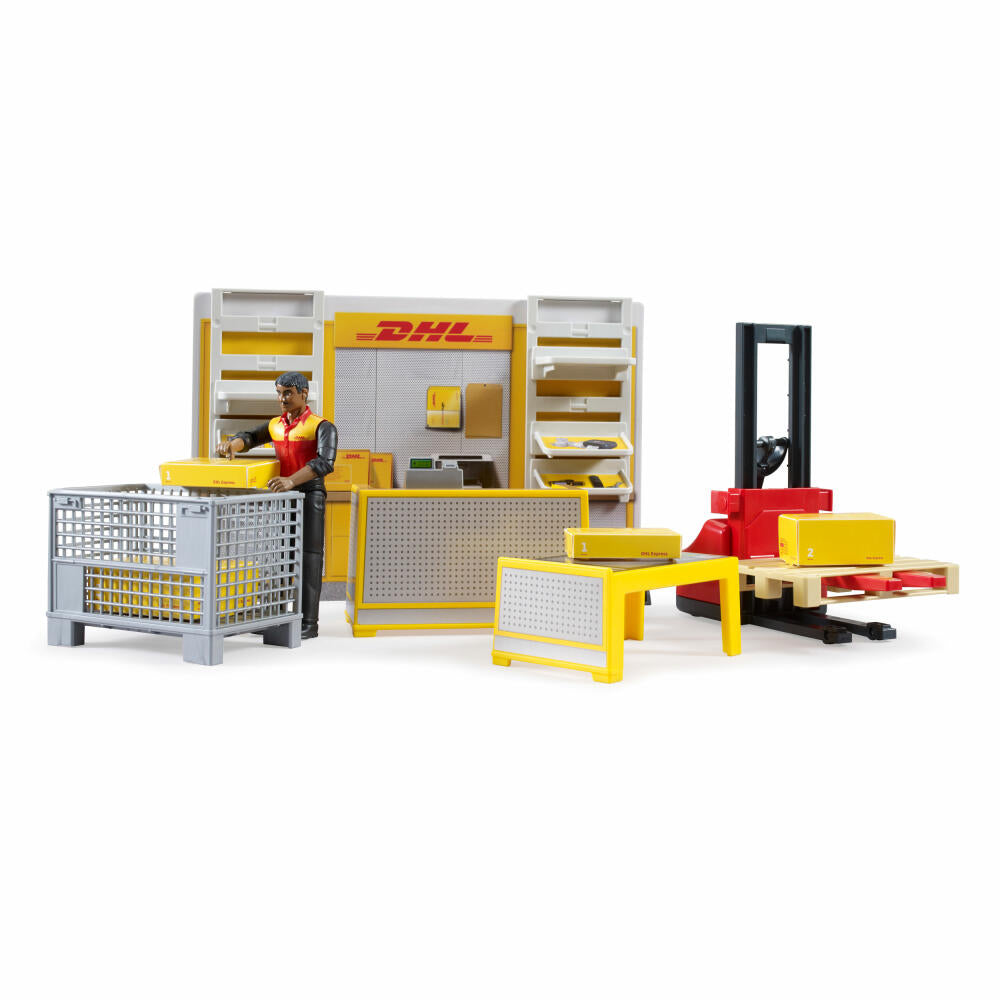 Bruder bworld DHL Shop mit Handhubstapler, Paketshop, Spielzeug, Spielwelt, 62251