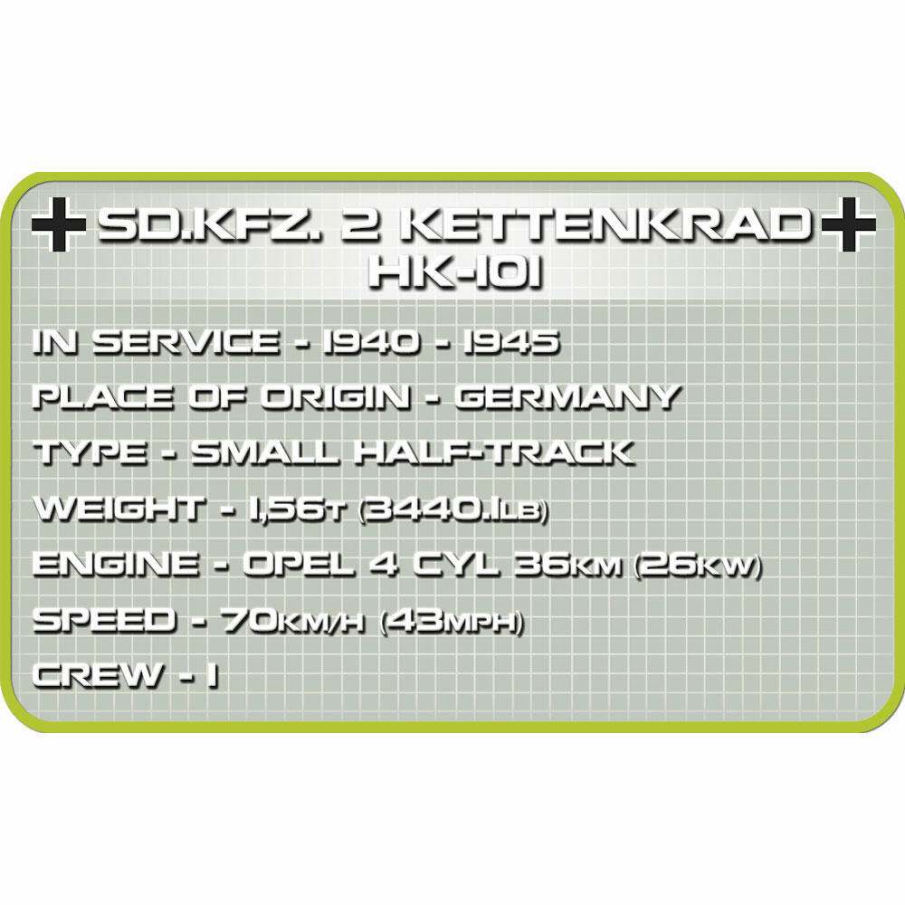 COBI World War 2 S.D.KFZ 2 Kettenkrad, Militärfahrzeug, Soldaten, Figuren, Spielzeug, Konstruktionsbausteine, Kunststoff, 176 Teile, 2401