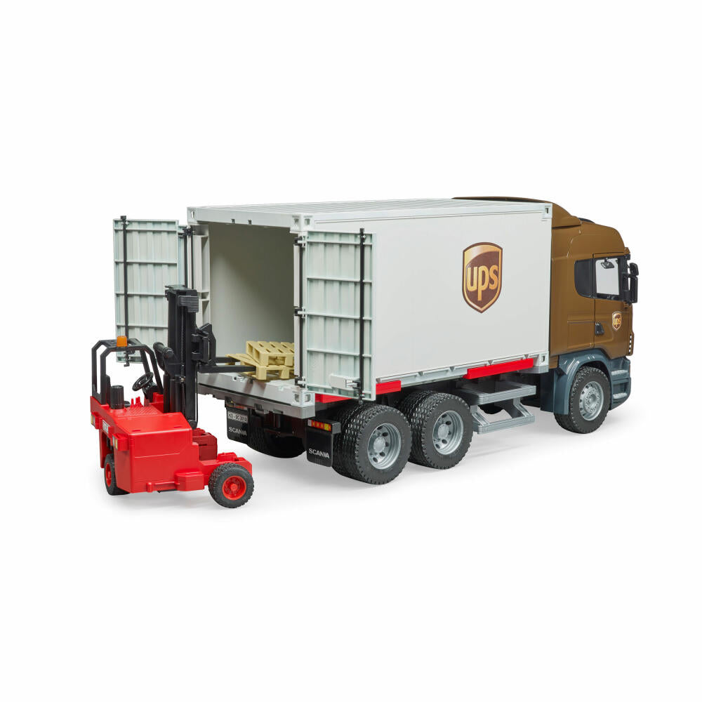 Bruder Scania R-Serie UPS Logistik-LKW, mit Mitnahmestapler, Modellfahrzeug, Modell Fahrzeug, Spielzeug, 3581