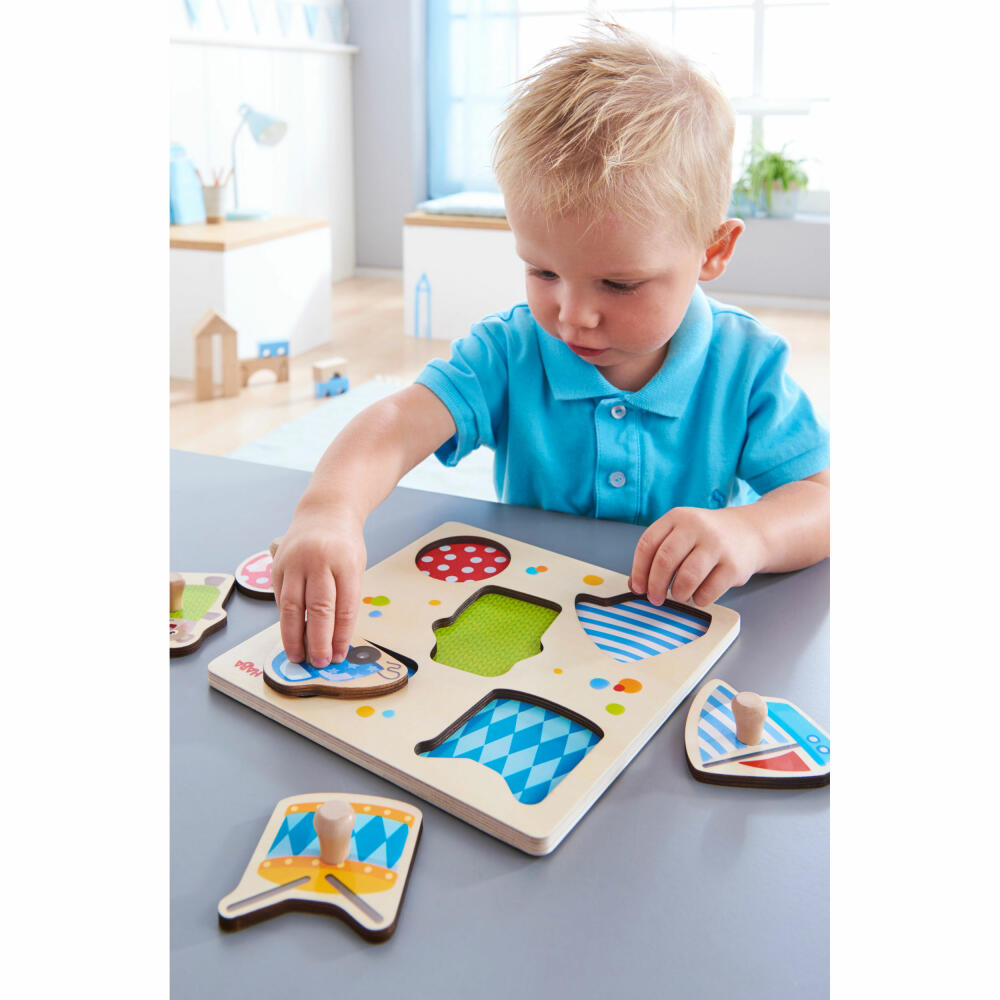 HABA Greifpuzzle Spielsachen, 5-teiliges Holzpuzzle mit Spielzeug-Motiven, ab 1 Jahr, Holz, 20 x 20 cm, 304608