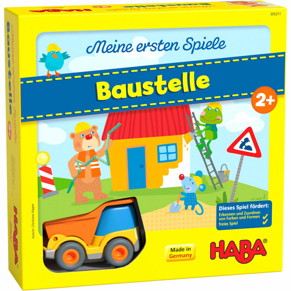 HABA Meine ersten Spiele - Baustelle, kooperatives Memospiel, Kullerbü-Fahrzeug, Vorlesegeschichte, ab 2 Jahren, 305211