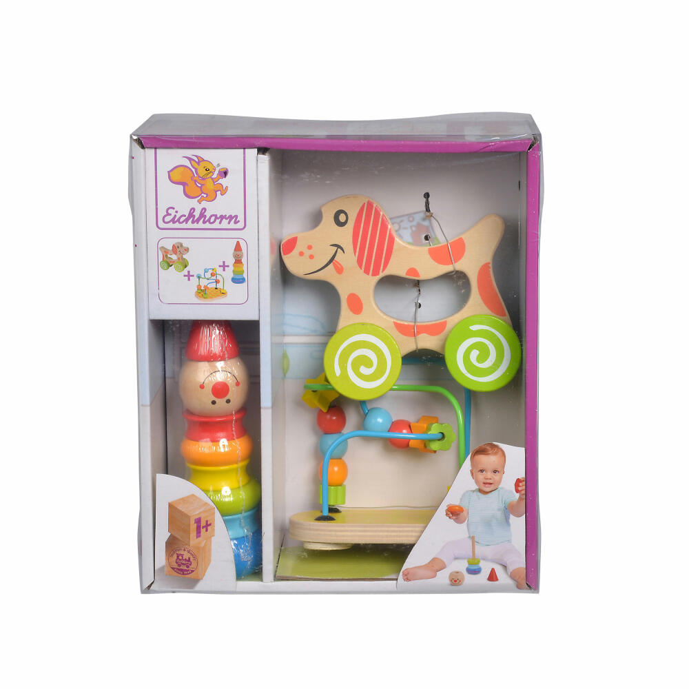 Eichhorn educational play set, 3 pcs., motor skills loop, plug-in figure, clown, push dog, motor skills toy, wooden toy, 100003750