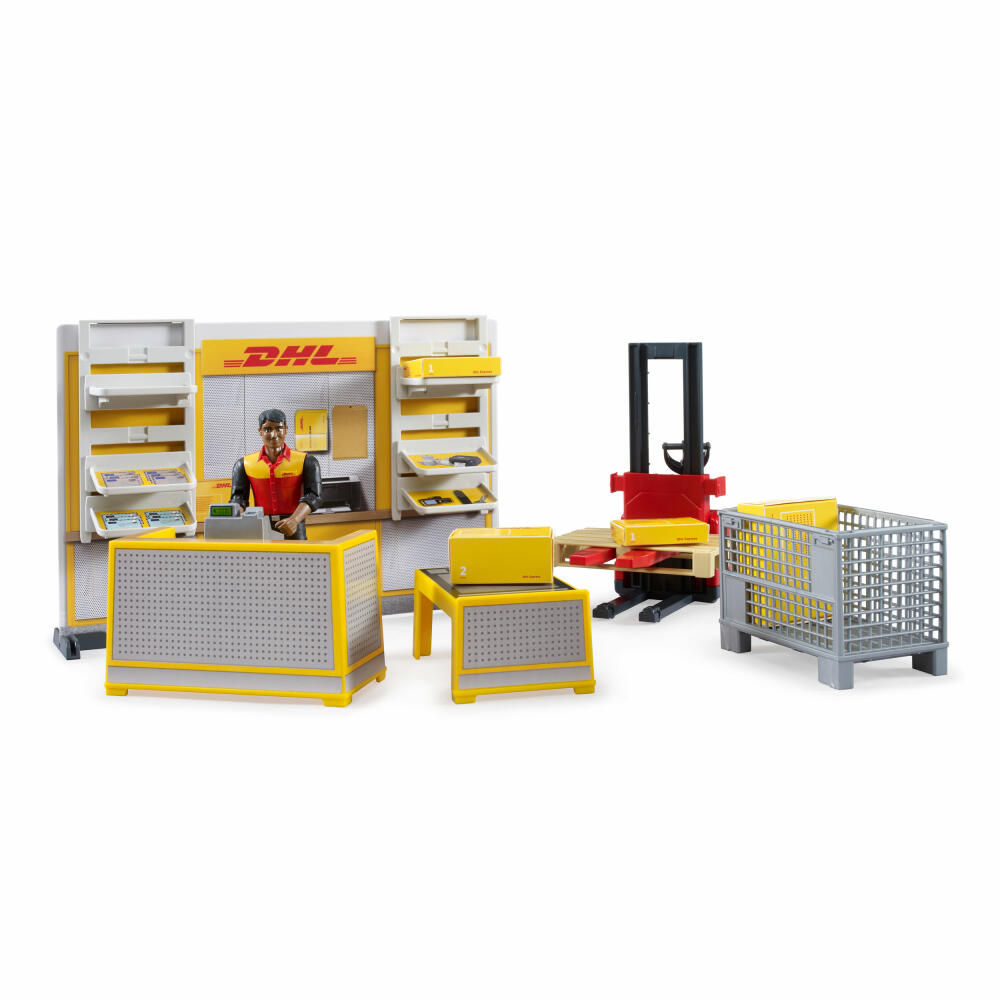 Bruder bworld DHL Shop mit Handhubstapler, Paketshop, Spielzeug, Spielwelt, 62251