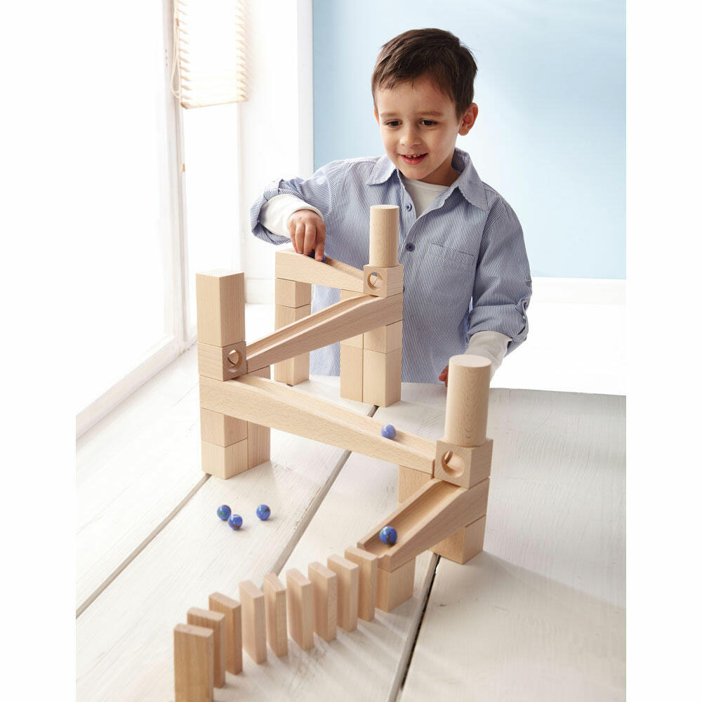 HABA Kugelbahn Erstes Spielen, Holzbauklötze, Holzbausteine, Holz, Buche, 45-tlg., 001128