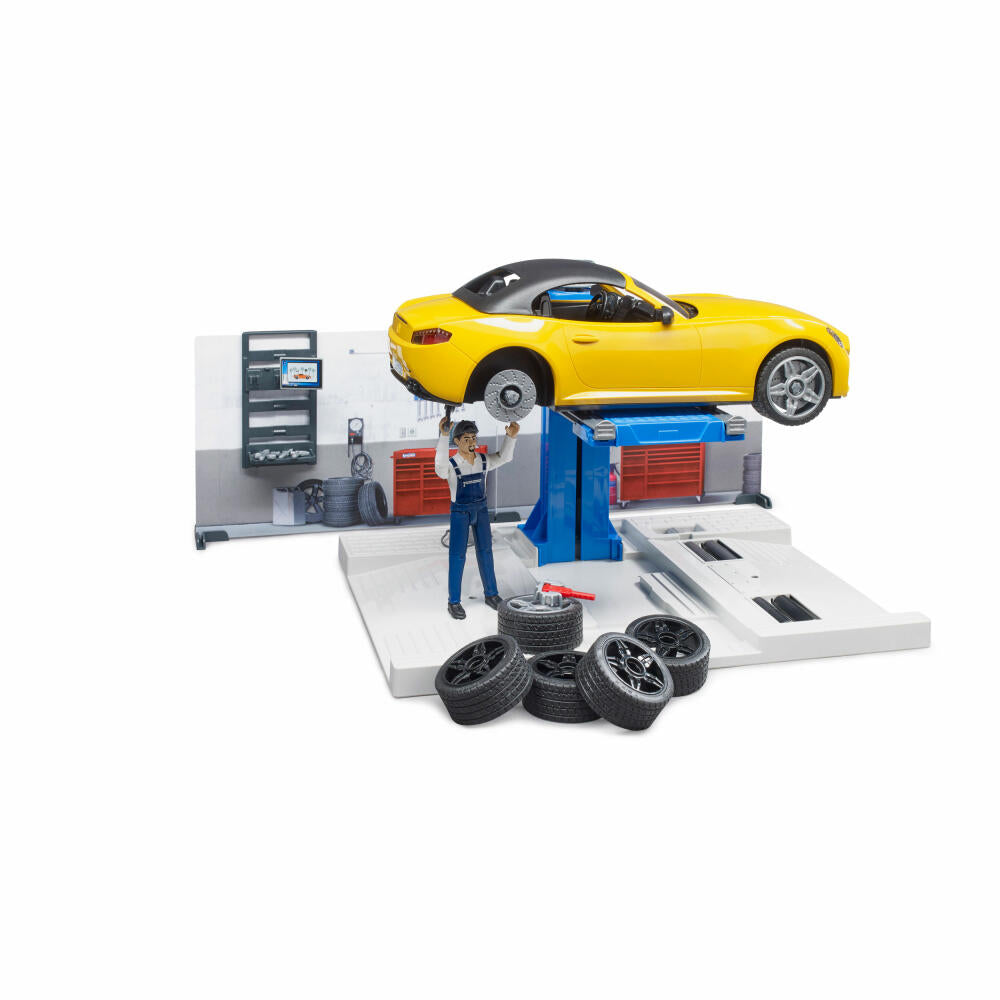 Bruder bworld Car Workshop, 10 pcs., Roadster, Mechanic, Model Car, Game Figure, Accessories, 62110