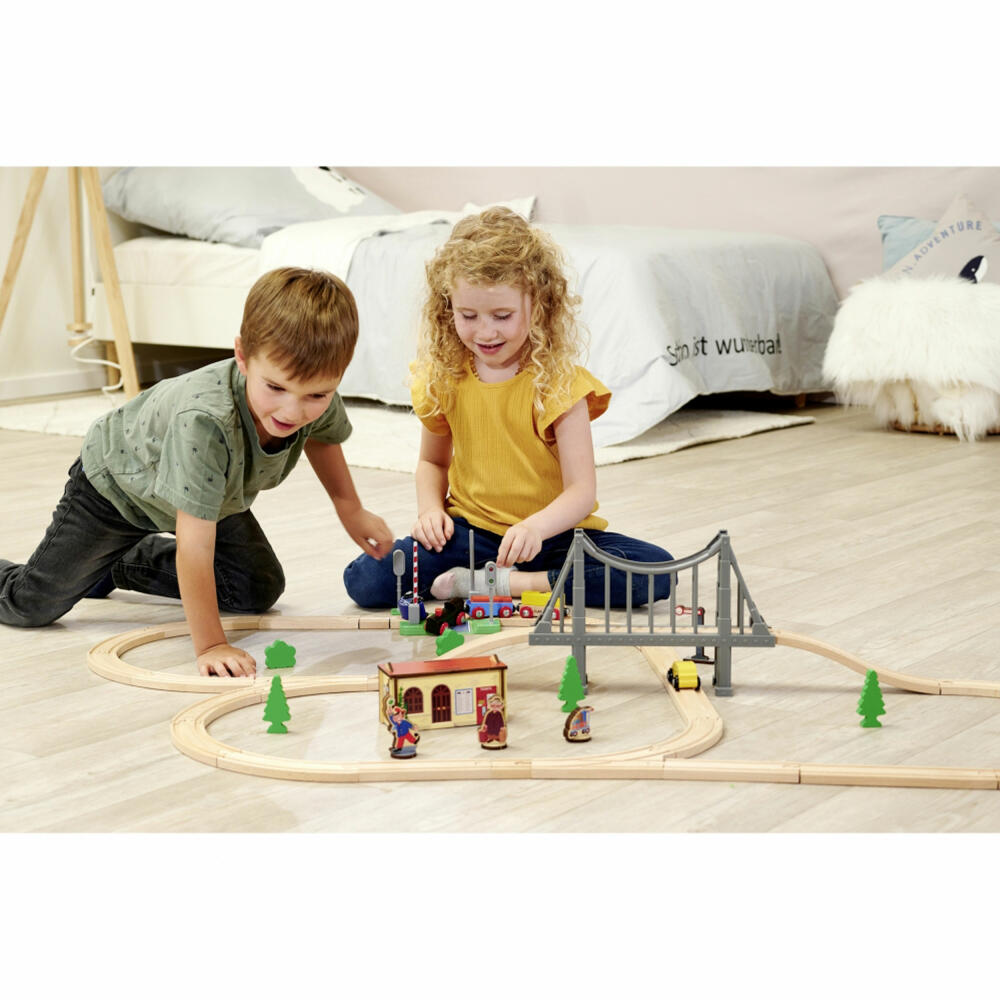 Eichhorn Railway Set with Bridge, 55 pcs., Railway, Wooden Railway, Log, Train, Toy, Wood, 100006204