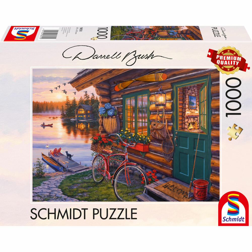Schmidt Spiele Puzzle Lakeside Cabin with Bicycle, Darrel Bush, Adult Puzzle, Premium, 1000 Pieces, 58531