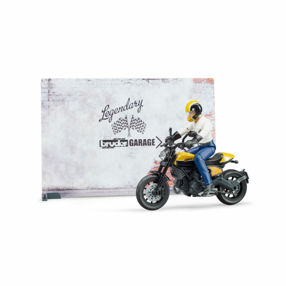 Bruder bworld Motorradwerkstatt, 8-tlg., mit Scrambler Ducati Full Throttle, Werkstatt, Hebebühne, Spiel Figur, Zubehör, 62102