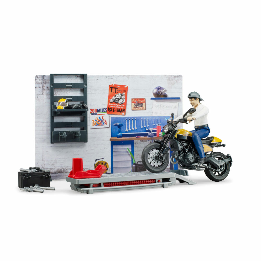 Bruder bworld Motorradwerkstatt, 8-tlg., mit Scrambler Ducati Full Throttle, Werkstatt, Hebebühne, Spiel Figur, Zubehör, 62102