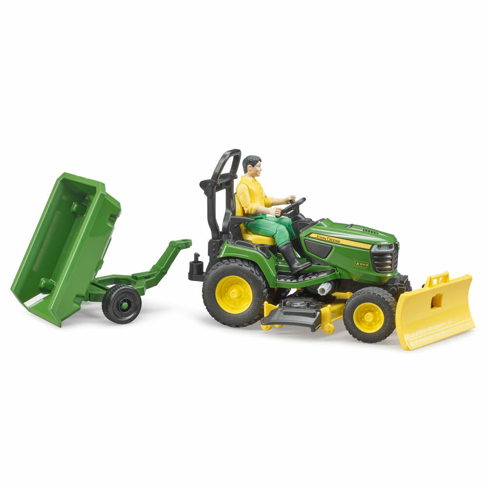 Bruder bworld John Deere ride-on lawn mower with trailer and gardener, with toy figure, lawn tractor, toy figure, accessories, 62104