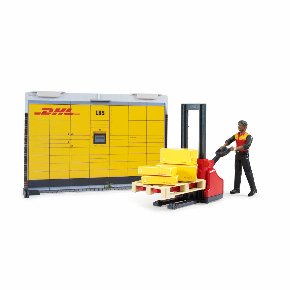 Bruder bworld DHL Shop mit Handhubstapler, Paketshop, Spielzeug, Spielwelt, 62251