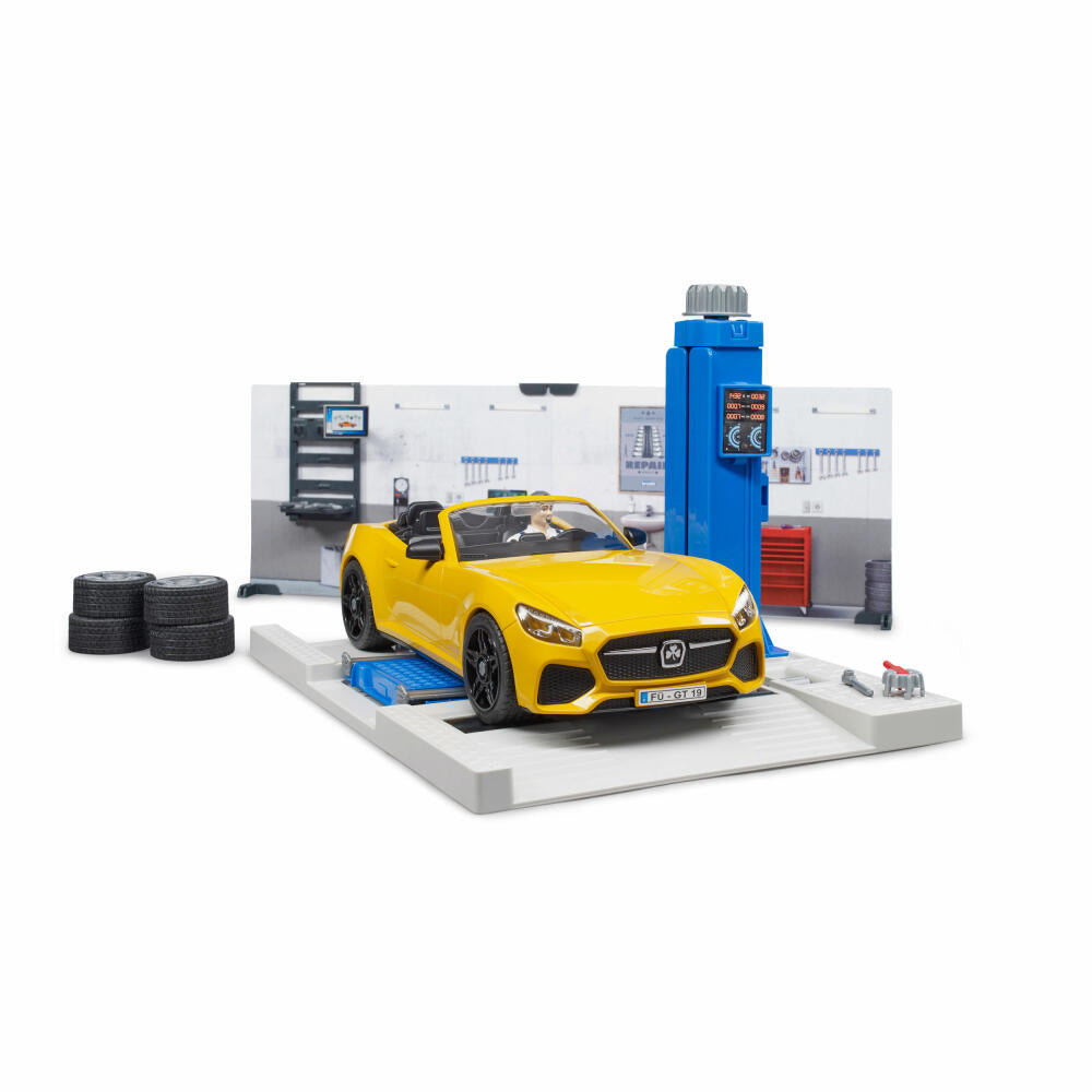 Bruder bworld Car Workshop, 10 pcs., Roadster, Mechanic, Model Car, Game Figure, Accessories, 62110