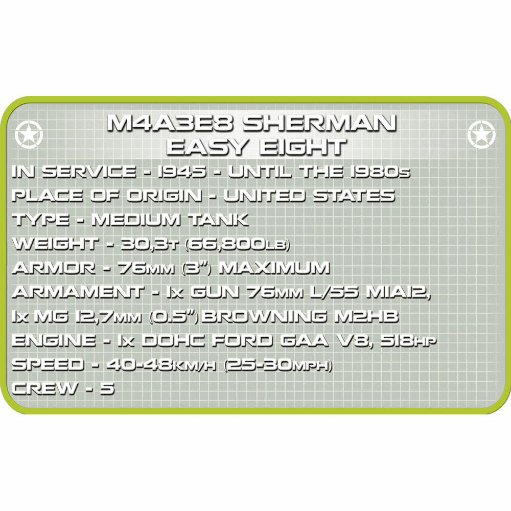 COBI World War 2 M4A3E8 Sherman (Easy Eight), Panzer, Militär, Fahrzeug, Soldaten, Figur, Spielzeug, Konstruktionsbausteine, Kunststoff, 315 Teile, 2705