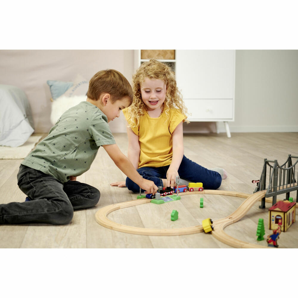 Eichhorn Railway Set with Bridge, 55 pcs., Railway, Wooden Railway, Log, Train, Toy, Wood, 100006204
