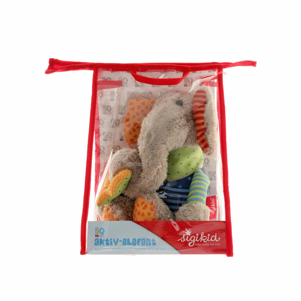sigikid PlayQ Aktiv-Elefant, Greifling, Beißring, Kuscheltier, Babyspielzeug, Baby Spielzeug, Polyester, H 27 cm, 40863