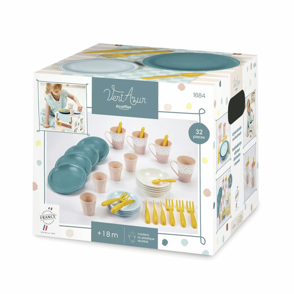 Ecoiffier Vert Azur Picnic Service, 35 pcs., Plates, Cutlery, Cups, Toys, Children, 7600001684