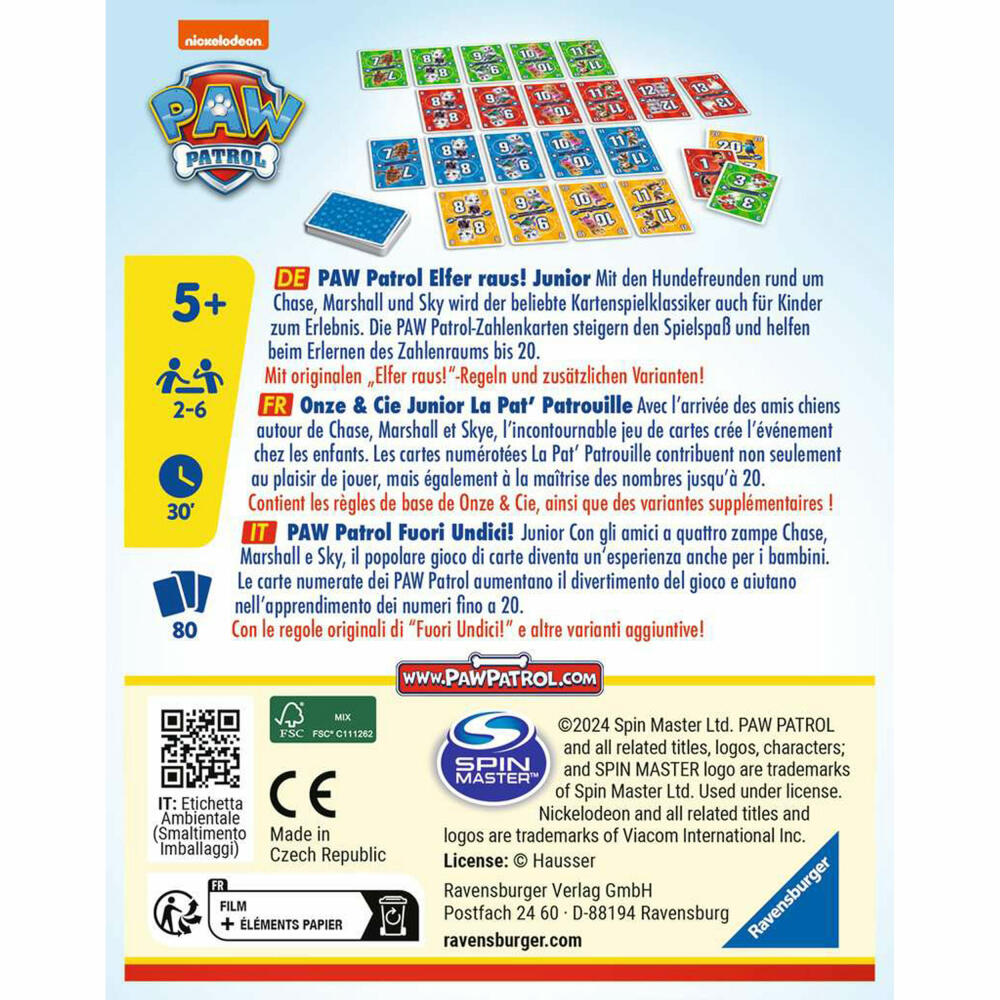 Ravensburger Paw Patrol Eleven out! Junior, card game, children's game, children, from 5 years, 20953