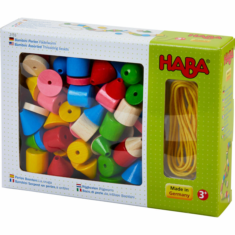 HABA Bambini Perlen Fädelwurm, Fädelspiel, Fadenspiel, Motorikspielzeug, 72-tlg., 2155