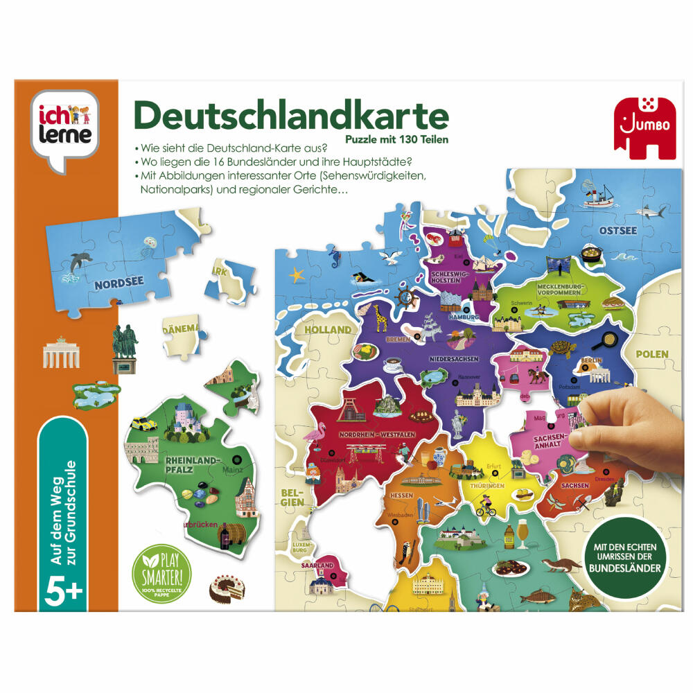 Jumbo Spiele Ich lerne Deutschlandkarte, Puzzle, Kinderpuzzle, Lernspiel, 130 Teile, ab 5 Jahren, 19927