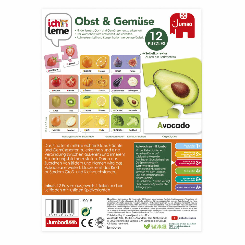 Jumbo Spiele Ich lerne Obst & Gemüse, Zuordnungsspiel, Kinderspiel, Kinder Spiel, ab 3 Jahren, 19915
