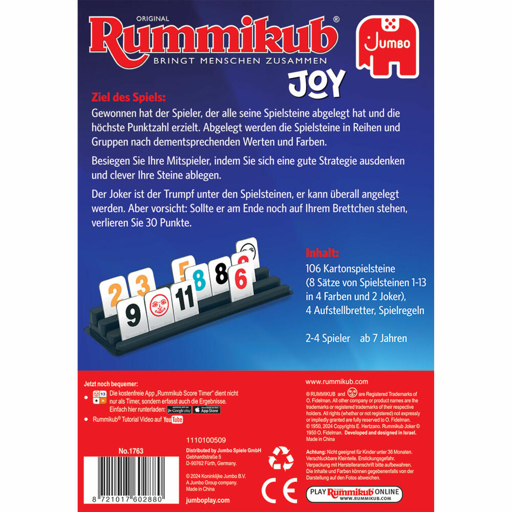 Jumbo Spiele Original Rummikub Joy, Gesellschaftsspiel, Familienspiel, Reisespiel, 1110100509