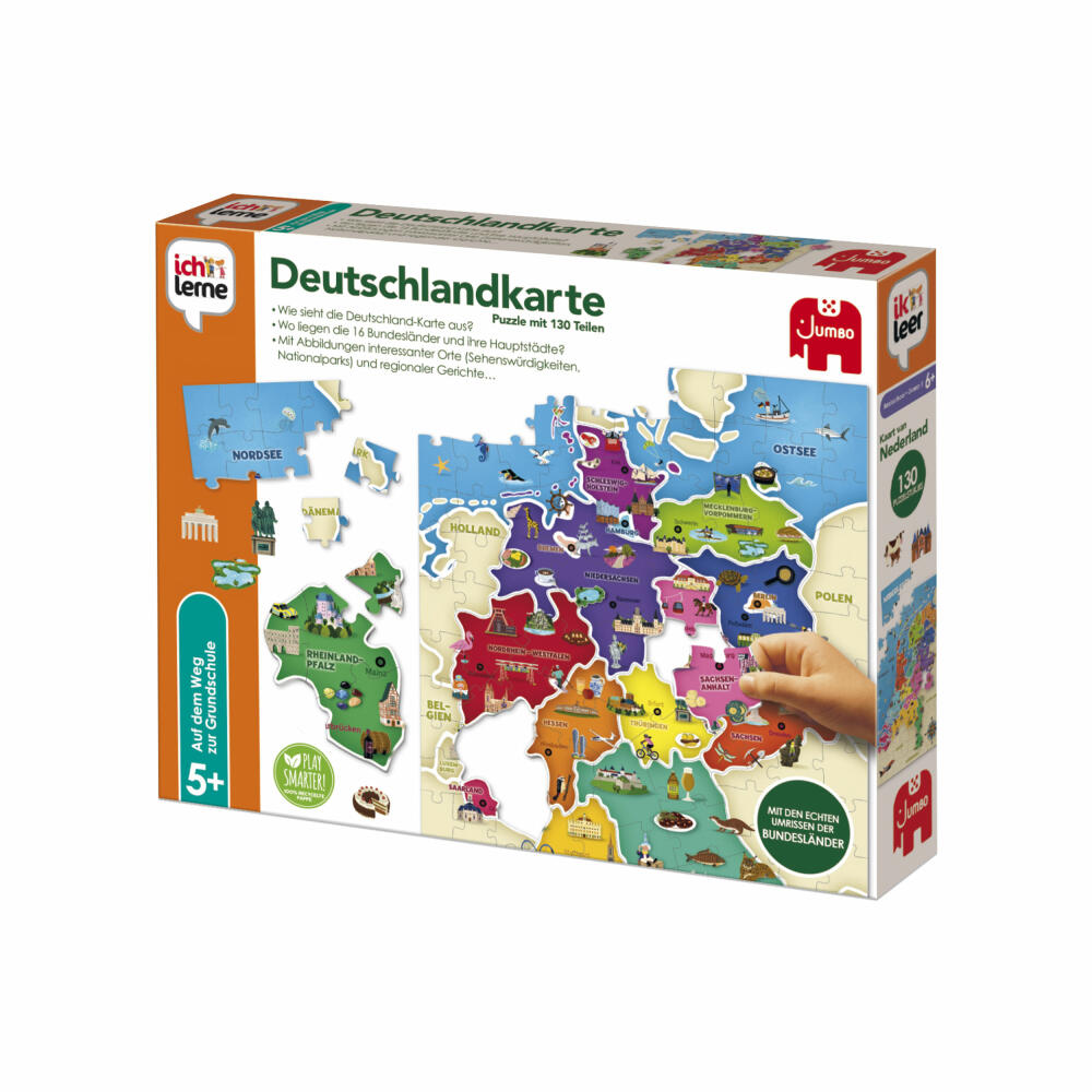 Jumbo Spiele Ich lerne Deutschlandkarte, Puzzle, Kinderpuzzle, Lernspiel, 130 Teile, ab 5 Jahren, 19927
