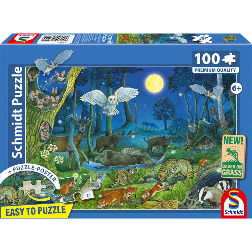 Schmidt Spiele Tiere nachts im Wald, Puzzle, Kinderpuzzle, 100 Teile, ab 6 Jahren, 56529