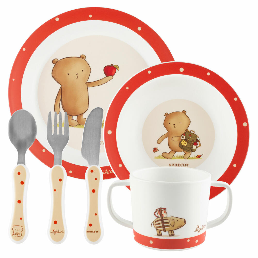 sigikid Mister O Lui Geschirr Set rot, 6-tlg., Kindergeschirr, Kinder, Teller, Schüssel, Gabel, Löffel, Becher, 52914