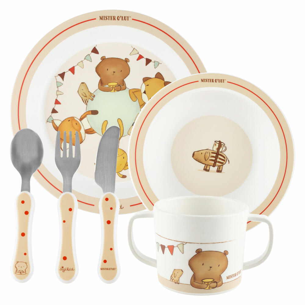 sigikid Mister O Lui Geschirr Set beige, 6-tlg., Kindergeschirr, Kinder, Teller, Schüssel, Gabel, Löffel, Becher, 52919