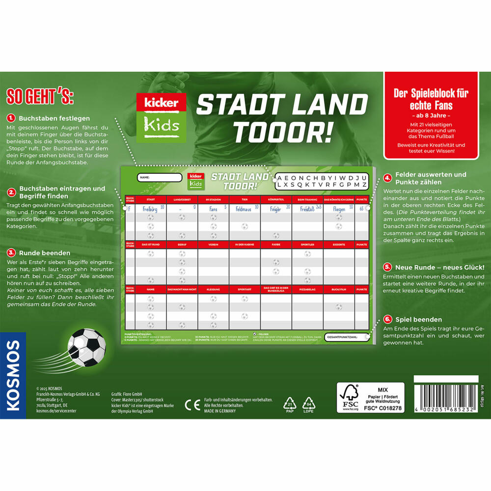 KOSMOS Kicker Kids Stadt - Land - Tor!, Spieleblock, Ratespiel, Familienspiel, ab 8 Jahren, 685232