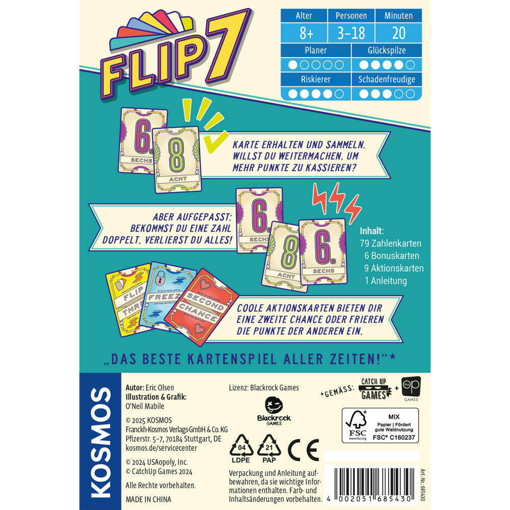 KOSMOS Flip 7, Kartenspiel, Gesellschaftsspiel, Familienspiel, ab 8 Jahren, 685430