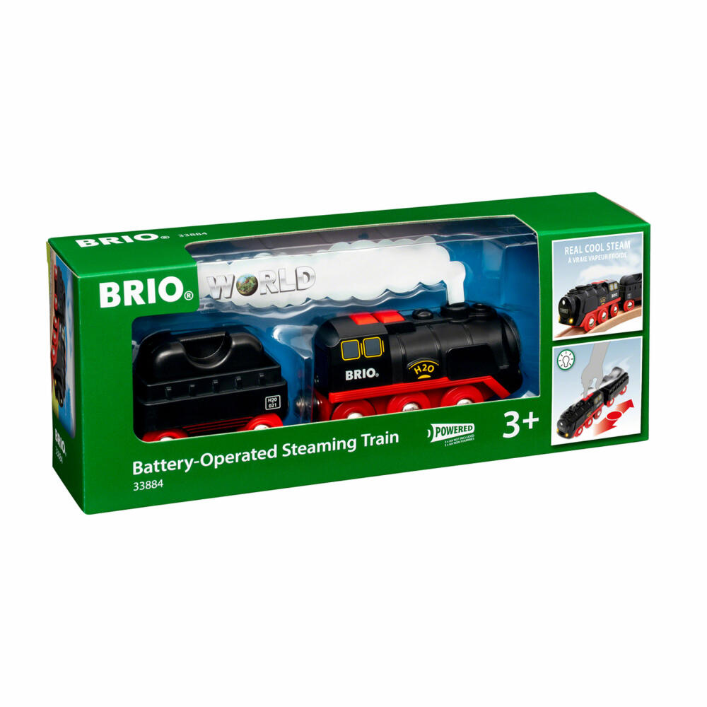 BRIO World Battery Steam Locomotive with Water Tank, Locomotive, Train, Locomotive, with Steam Effect, Wagon, 33884
