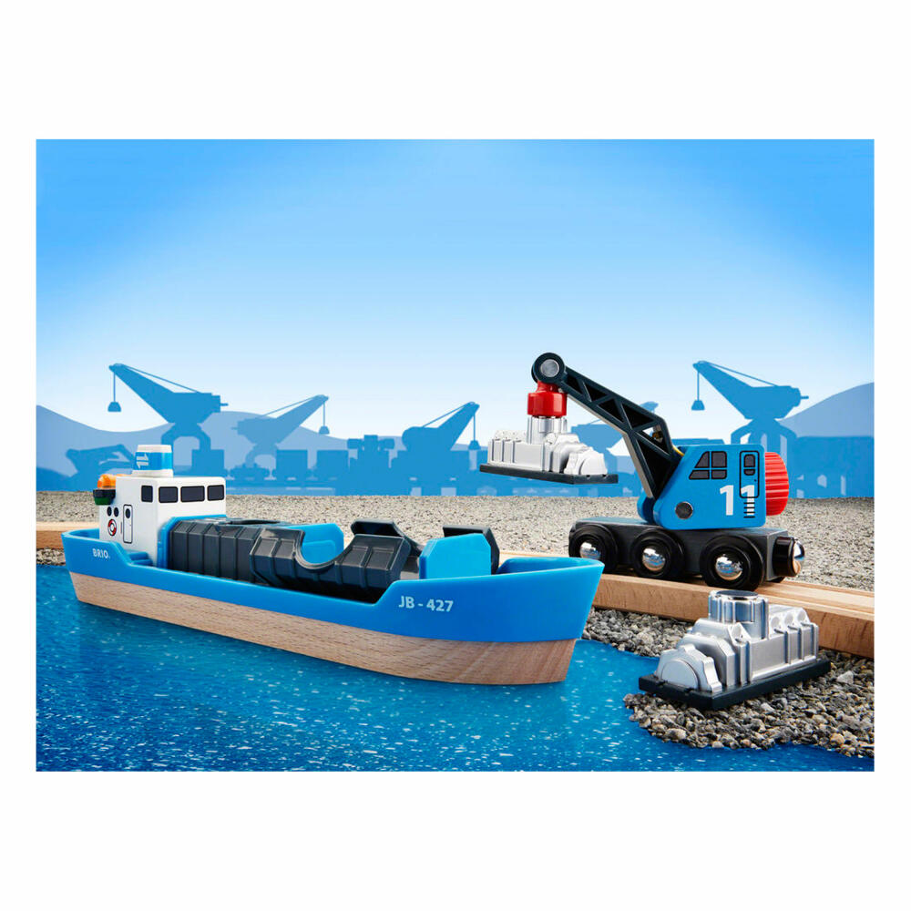 BRIO Containerschiff mit Kranwagen, 4-tlg., Zubehör für die Holzeisenbahn, Eisenbahn, Holzspielzeug, Holz Spielzeug, 33534