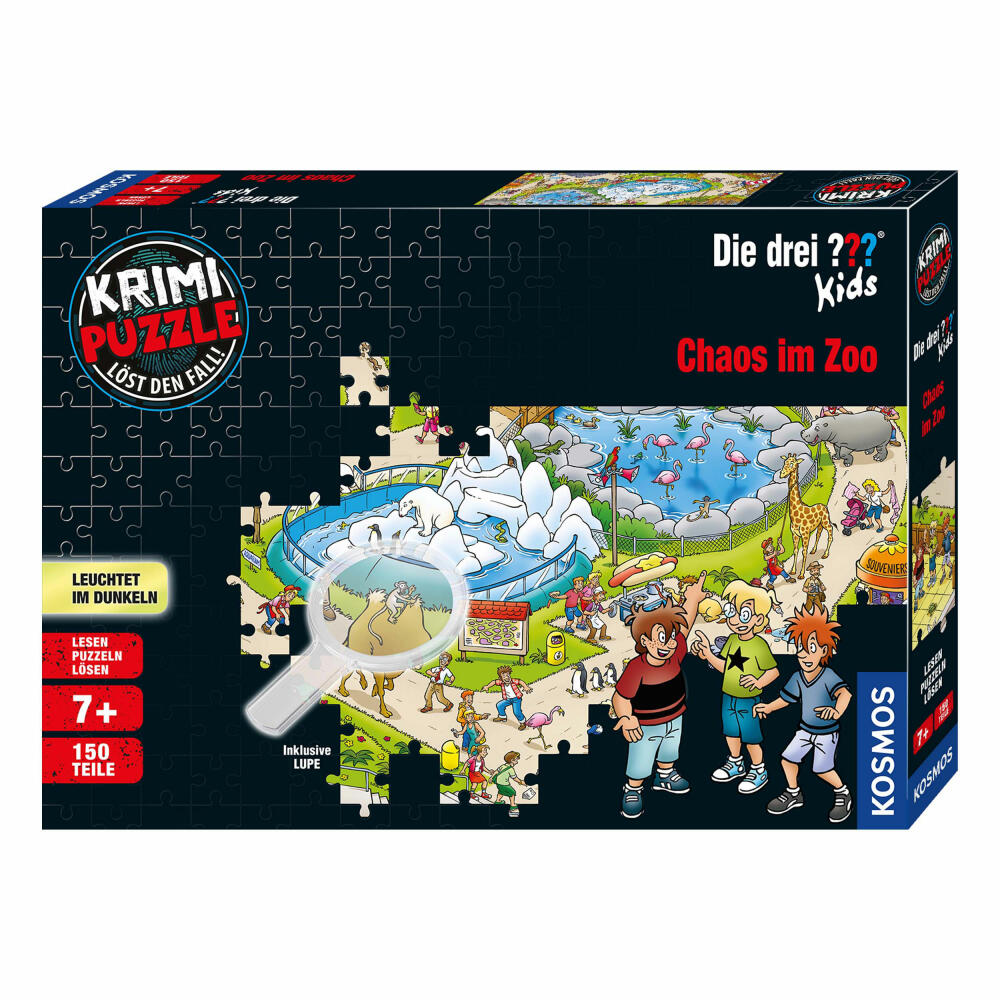 KOSMOS Krimipuzzle Die Drei ??? Kids Chaos im Zoo, Rätselspiel, Puzzle, mit Kurzgeschichte, 150 Teile, 697990