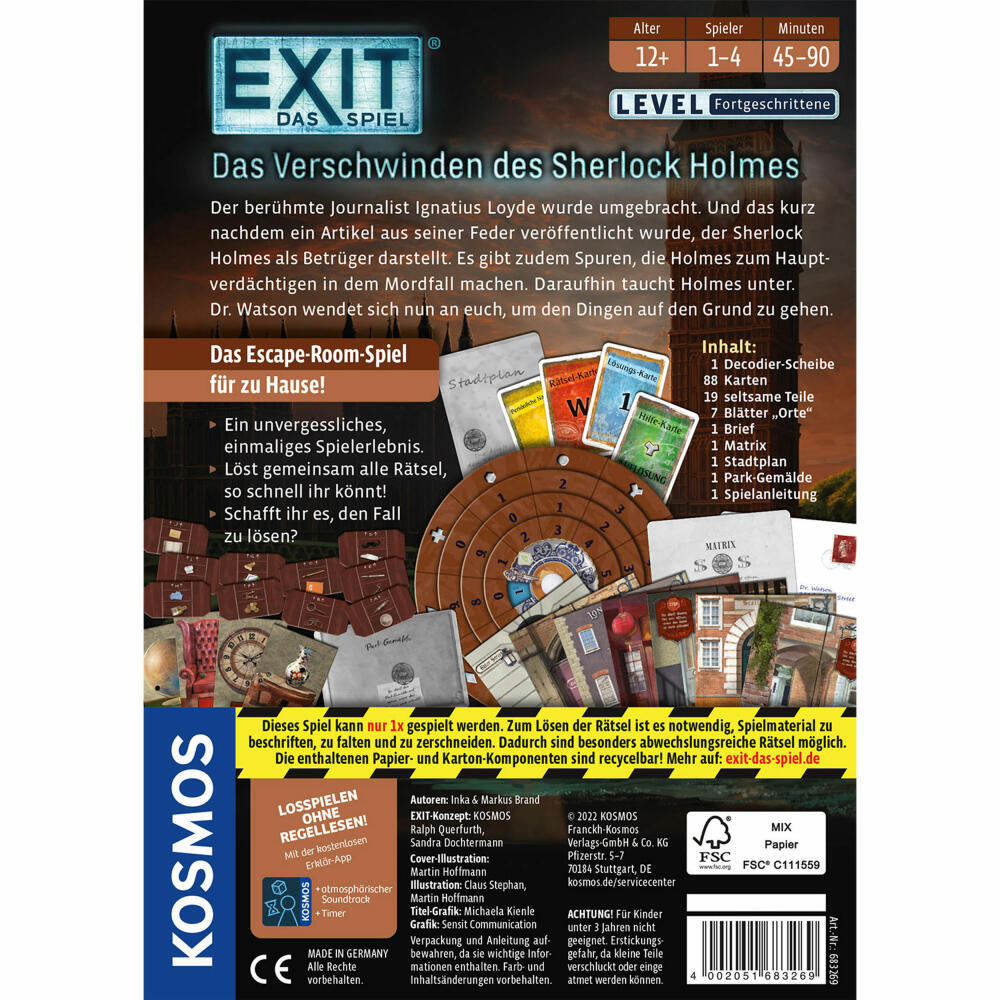 KOSMOS EXIT das Spiel - Das Verschwinden des Sherlock Holmes, Escape-Spiel, Spiel, Level Fortgeschrittene, ab 12 Jahren, 683269