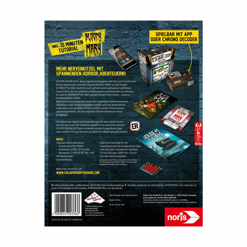 Noris Escape Room Duo Horror, board game, adventure game, puzzle game, ages 16 and up, 606101894